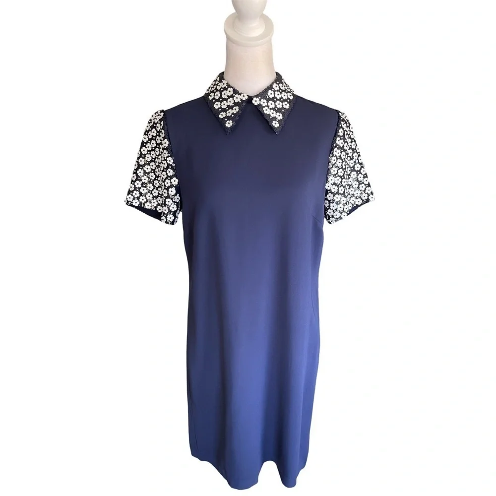 Michael Kors Floral Appliqué Collared Shift Dress Navy Blue and White Size 8